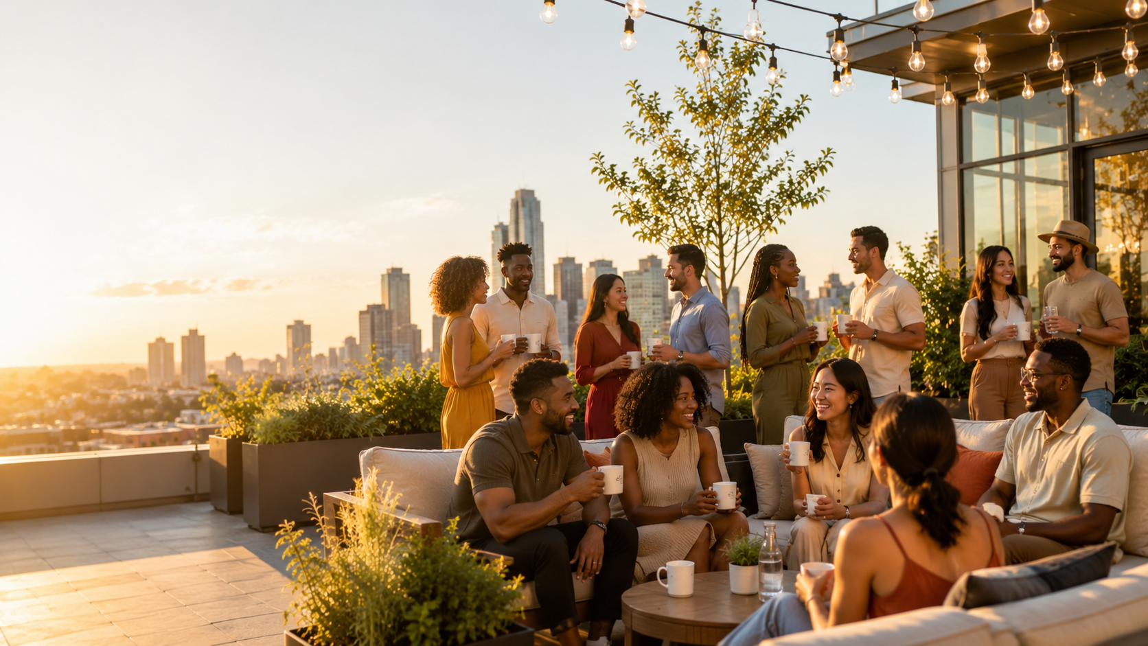 Residents enjoying a golden-hour rooftop social at a luxury high-rise