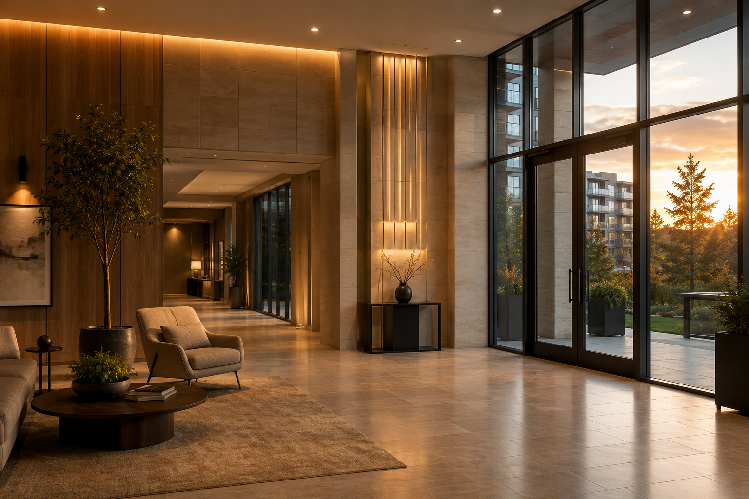 Calm, secure residential architecture at dusk conveying permanence